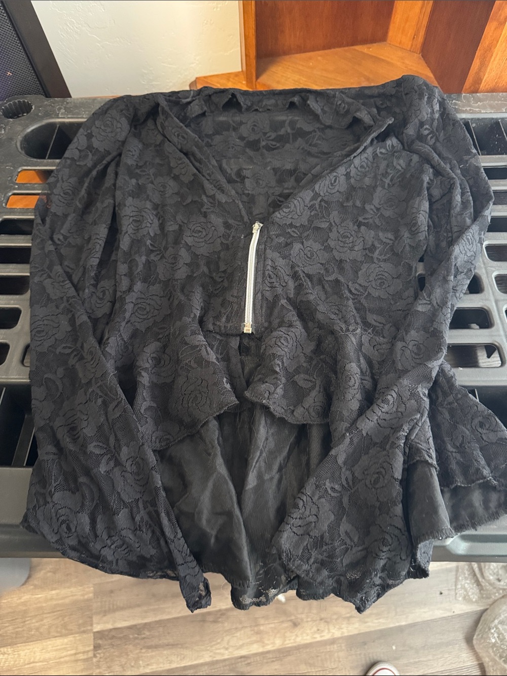 Black Lace Zip-Front Women's Top